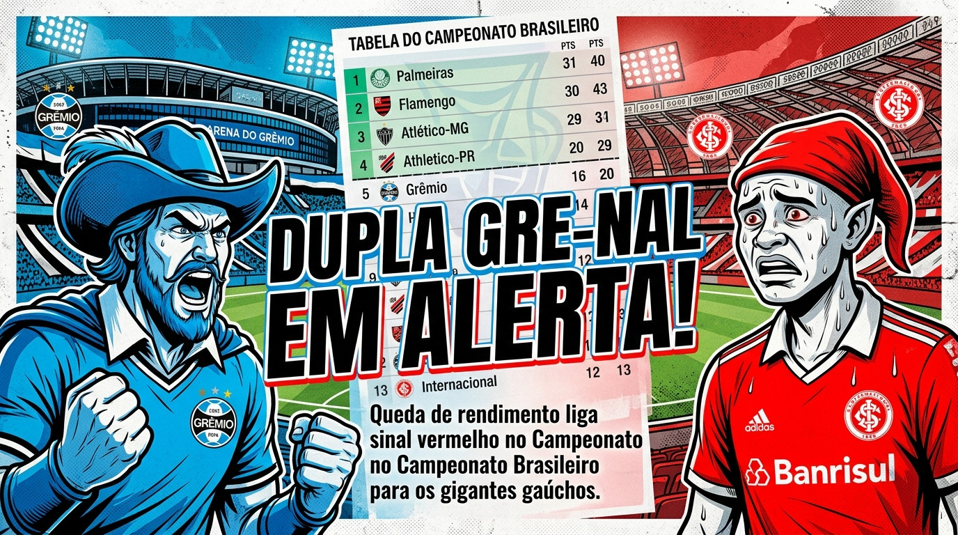 Dupla Gre-Nal enfrenta momento delicado no Brasileirão 2026, com Grêmio e Internacional na zona de rebaixamento.