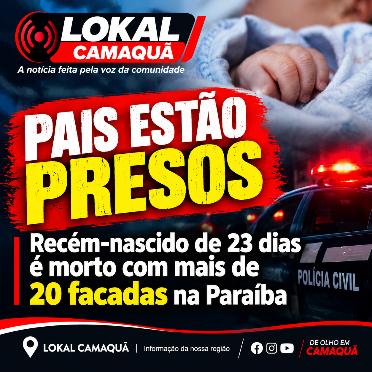 Crime brutal: Bebê de apenas 23 dias é morto com mais de 20 facadas na Paraíba; pais são presos